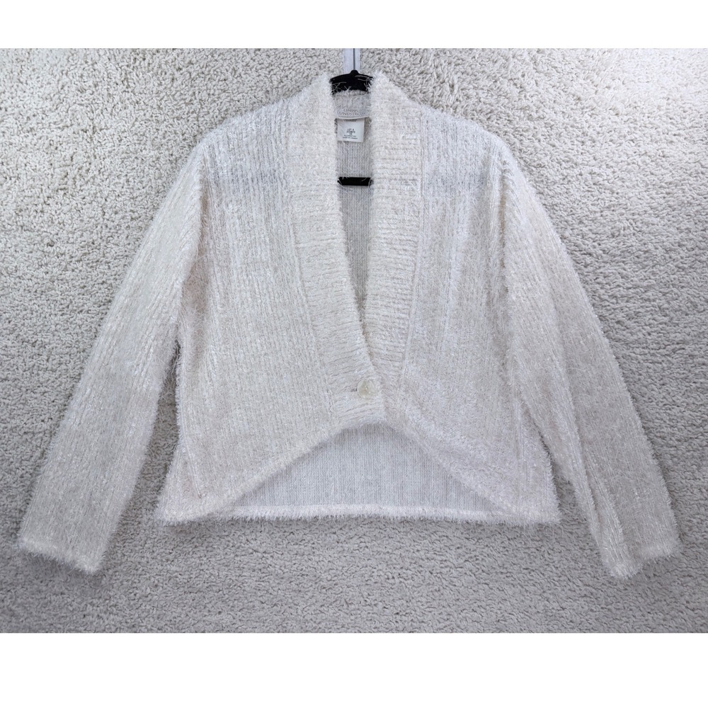 Linda Lundstrom Cardigan Women 16 Cream Excellent Fuzzy Eyelash Knit Cropped